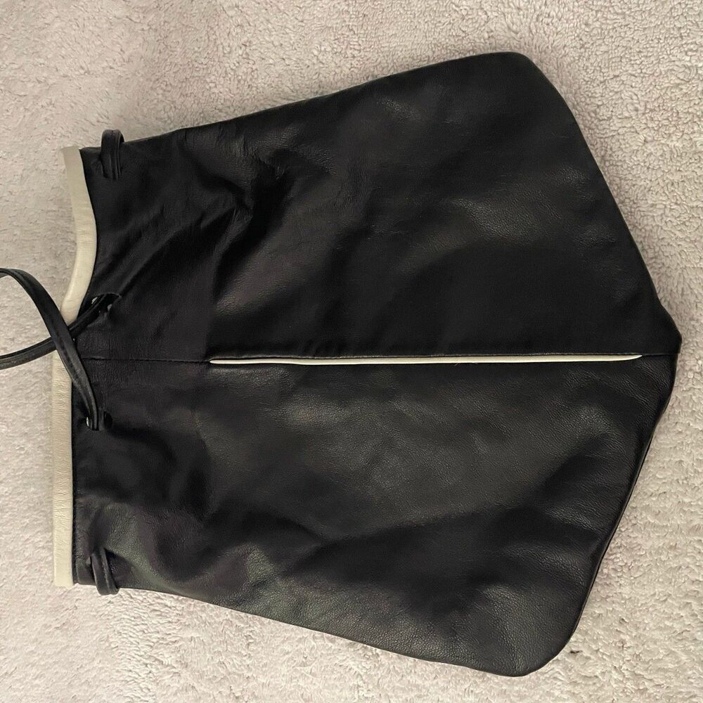 Vintage Black Leather Shoulder Bucket Drawstring Bag with White Trim Artsy 90s - Picture 9 of 9